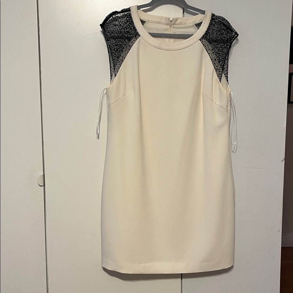 Trina Turk Cream Dress with Black Lace Shoulders